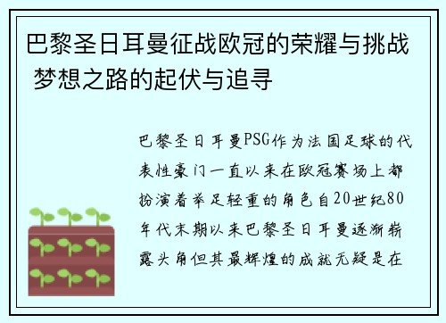 巴黎圣日耳曼征战欧冠的荣耀与挑战 梦想之路的起伏与追寻 巴黎圣日耳曼征战欧冠的荣耀与挑战 梦想之路的起伏与追寻
